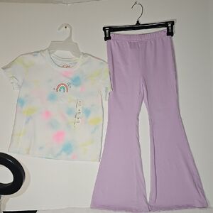 Tie-Dye Rainbow SS T-Shirt Sz 8 & Lavender Flare Leggings Bundled Set Size 8Y